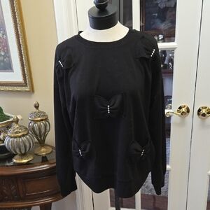 Good Days Only Elegant Black Bow-Accent Rhinestone Top Sweatshirt Large NEW